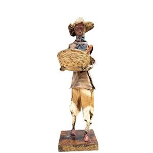 Folk Art Mexican Farmer Sculpture Straw Basket Harvest Decor Handmade Vintage‎